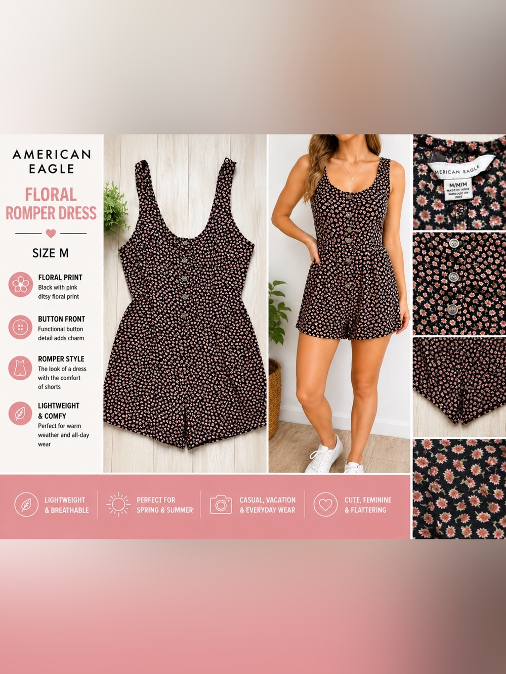 American Eagle Floral Tie Front Romper Dress Women’s Medium M Black